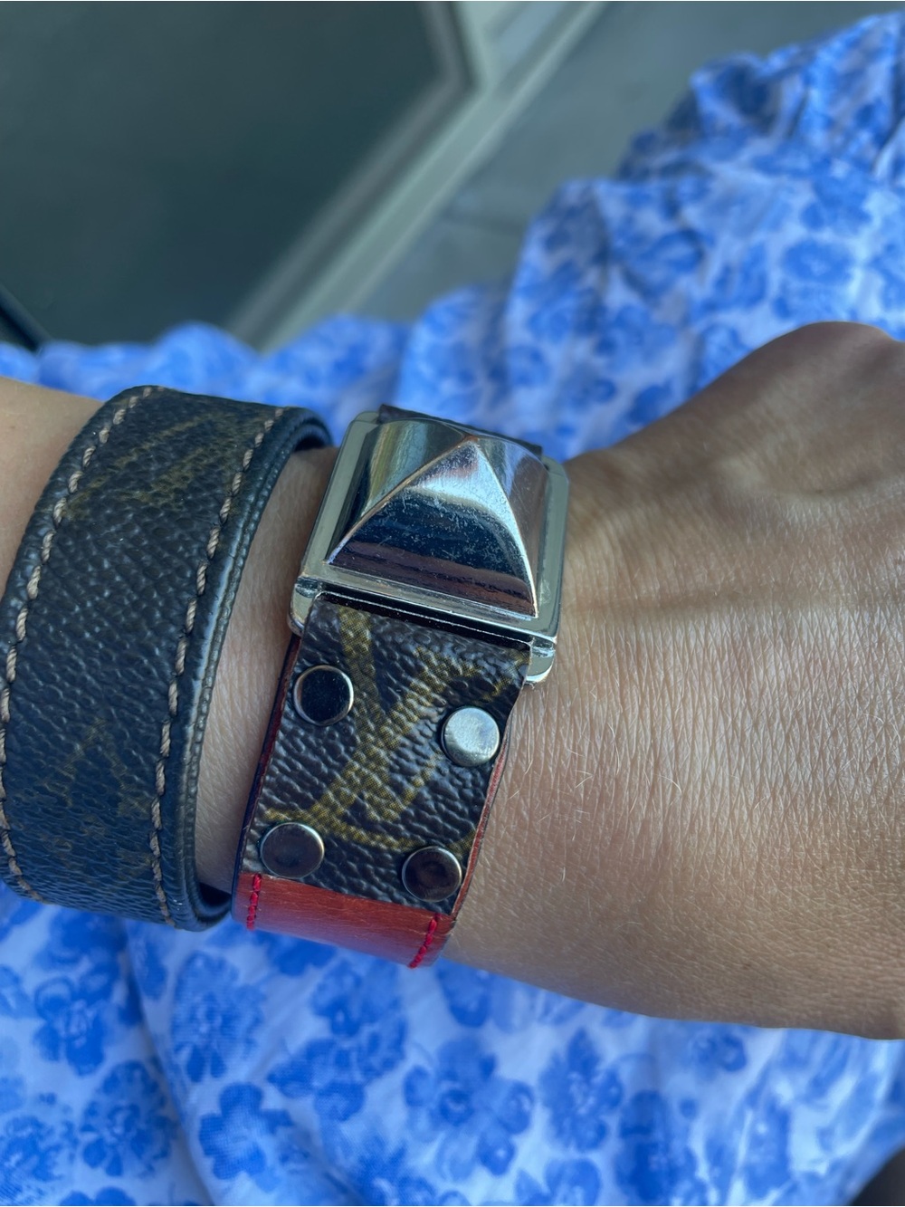 Pyramid Stud Leather Bracelet in Brown and Red